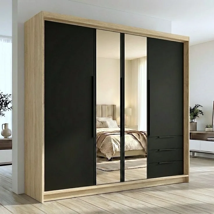 A&J MöbelLand GmbH Drehtürenschrank viertüriger Kleiderschrank mit Schubladen und Metallgriffen. (Geräumiger vier¬türiger Kleiderschrank mit Schubladen und Metallgriffen. Geräumiger Schrank mit einer Breite von 200 cm und Schubladen, ideal zur Aufbewah...