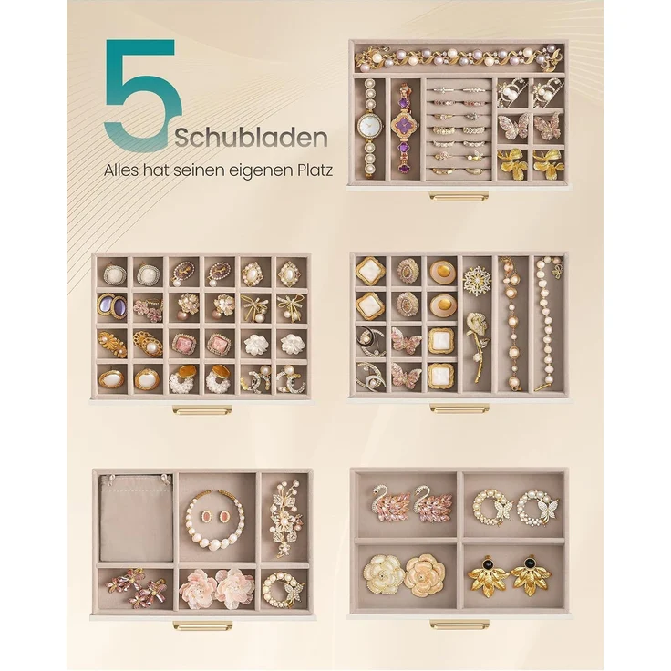 SONGMICS Schmuckkästchen aus Holz mit Glasdeckel, Schmuck Organizer mit 5 Ebenen, 24 x 17,2 x 18,4 cm, Weiß – Bild 4