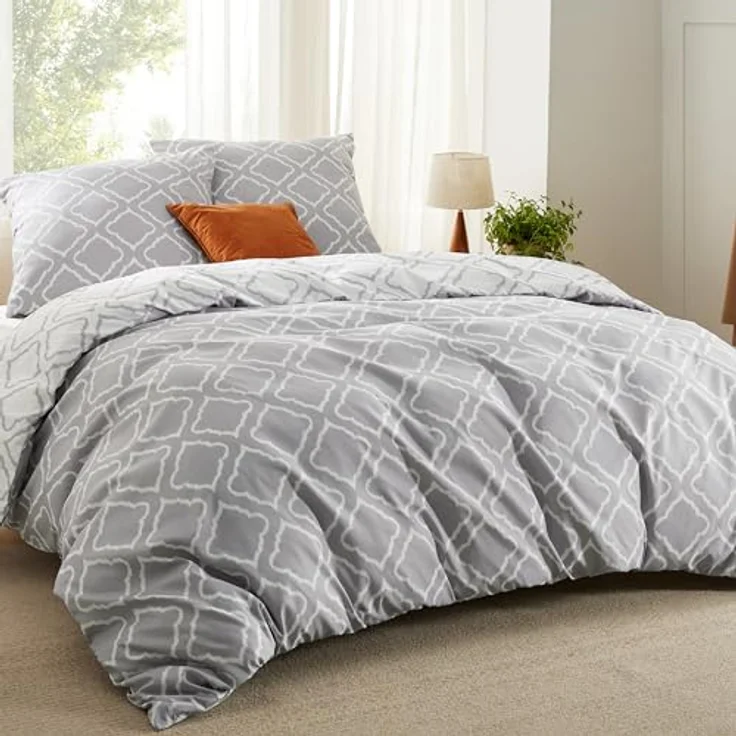 BEDSURE Bettwäsche 155x220 3teilig Bettbezug - Bettwäsche-Sets 155x220 cm mit 2 Kissenbezüge 80x80 cm, Bettwäsche Set Muster Grau Gitter für Einzelbett mit Reißverschluss – Bild 2