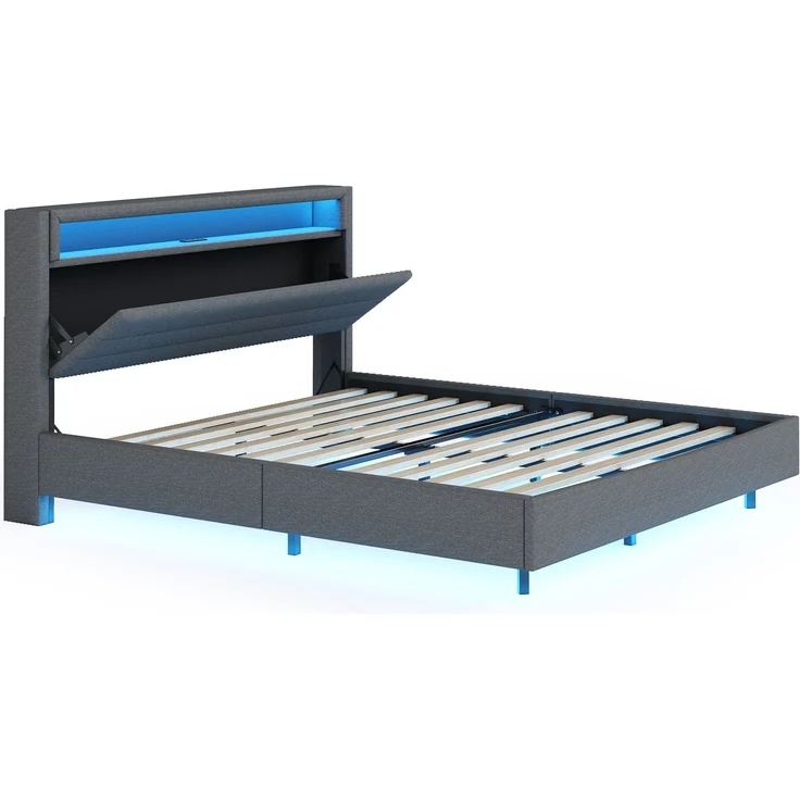 Polsterbett 140x200 cm mit USB-Steckdose und LED-Licht, wendbares Kopfteil, verdecktes Fußteil, Doppelflachbett, Jugendbett, Erwachsenenbett, Leinenstoff grau – Bild 9