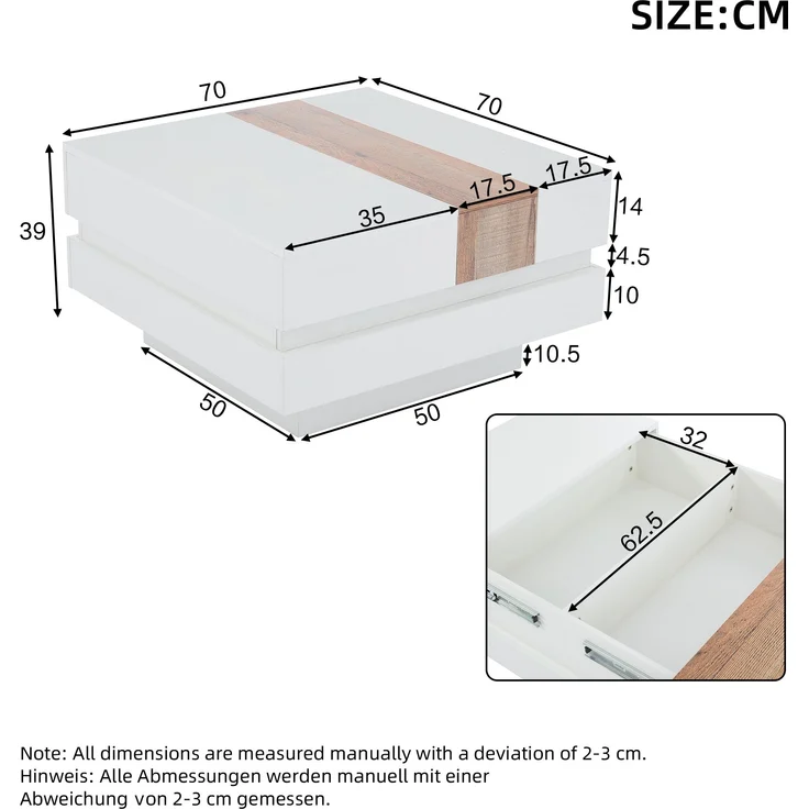 Couchtisch Hochglanz Weiß ausziehbar, 70x70x39 cm, mit Staufächern – Bild 10