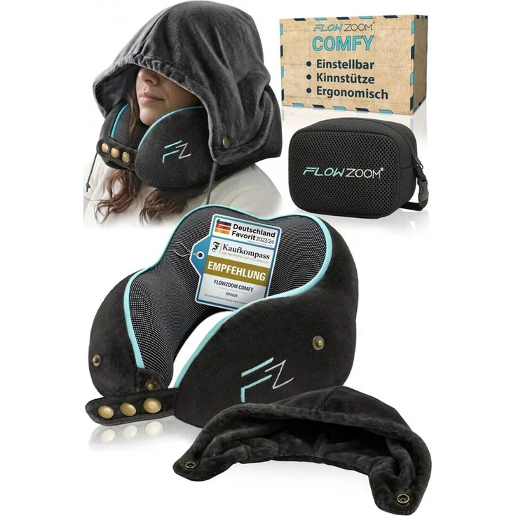 FLOWZOOM Nackenhörnchen COMFY Nackenkissen Flugzeug & Auto – Reisekissen Memory-Schaum, Nackenhörnchen für Erwachsene - Nackenkissen Reisen - verstellbar – Bild 1