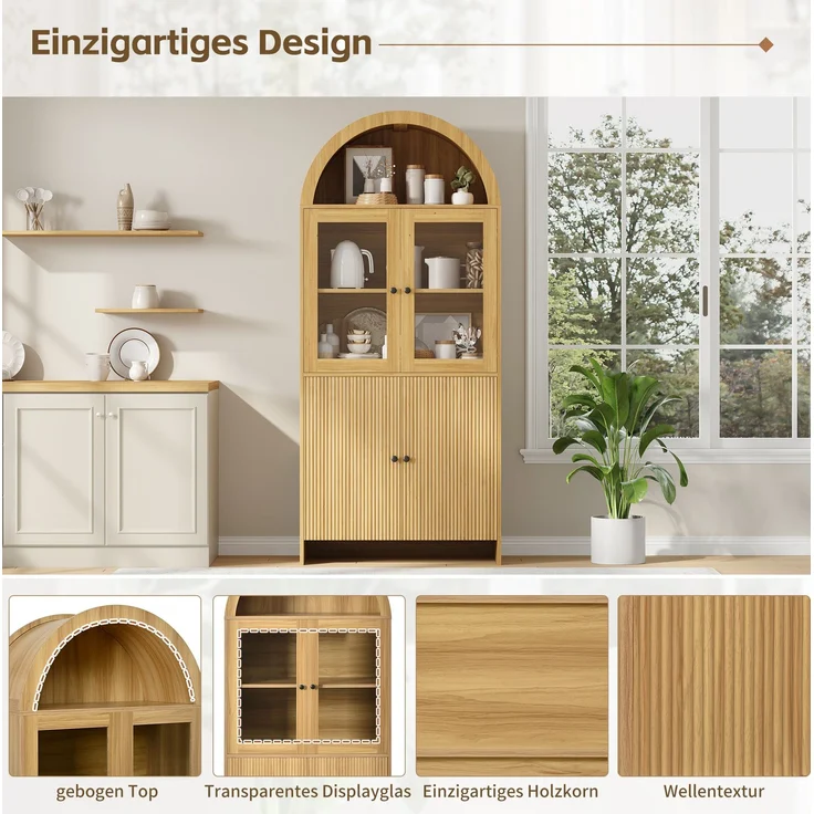 DESVIAE Sideboard mit Glastüren und gewölbtem Design 78x176x40 cm Spanplatte Natur – Bild 4
