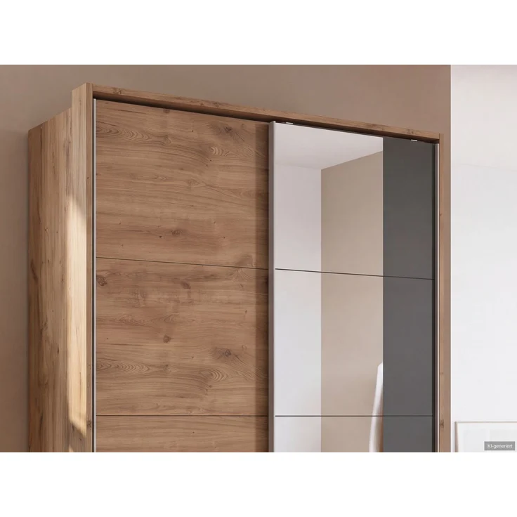 Schwebetürenschrank Kleiderschrank 138cm Eiche Dekor Grafit Spiegel Passepartout – Bild 5