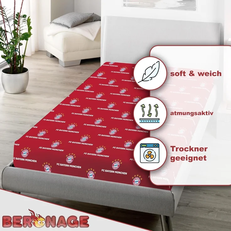 BERONAGE Spannbettlaken FC Bayern München Spannbettlaken Rot 90/100 x 190/200 cm, 100% Baumwolle, Gummizug: Ja, (1 Stück), passend z. Bettwäsche, Kissen, Decke, Badetuch, Teppich – Bild 3