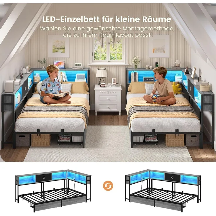 MSMASK Daybett Schlafsofa mit LED-Beleuchtung und Steckdose, Kinderbett, Jugendbett (1 tlg), Bett mit Metallrost, 90x190cm – Bild 3