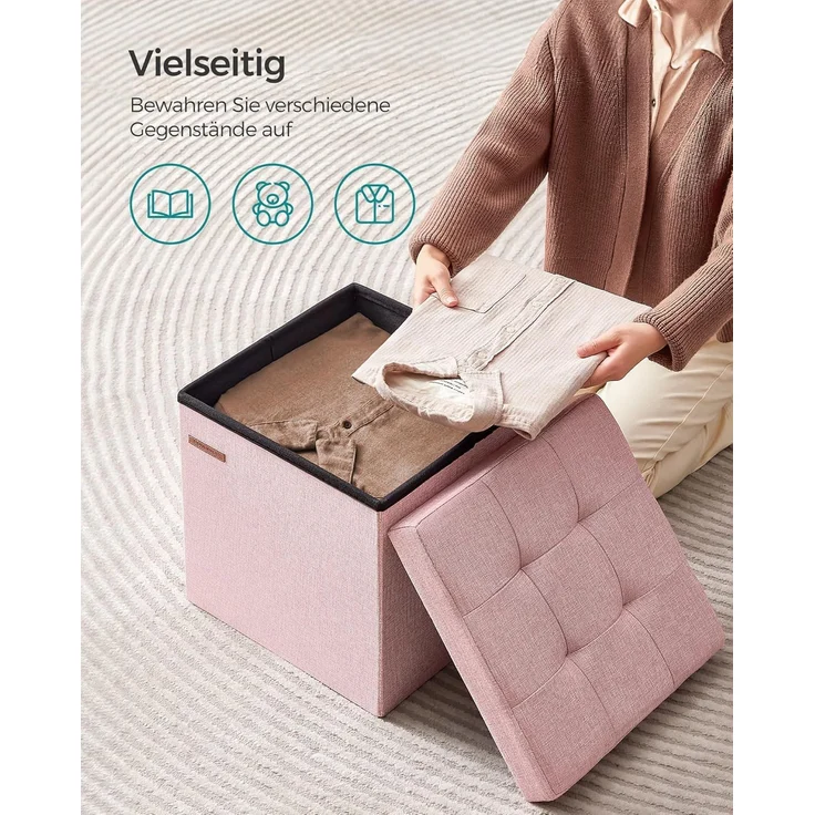 Songmics 38 cm Sitzbank mit Stauraum, klappbare Sitztruhe, Aufbewahrungsbox, Fußbank, pastellrosa LSF027R01 – Bild 5
