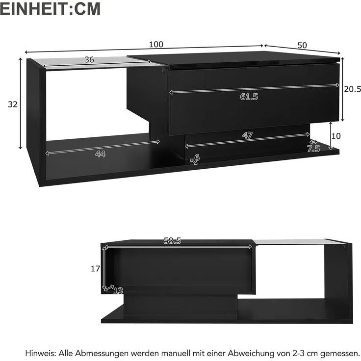 Couchtisch mit Glas, 1 Schublade, LED-Beleuchtung per App steuerbar, 100x50x32 cm, stoßfestes Glas – Bild 9
