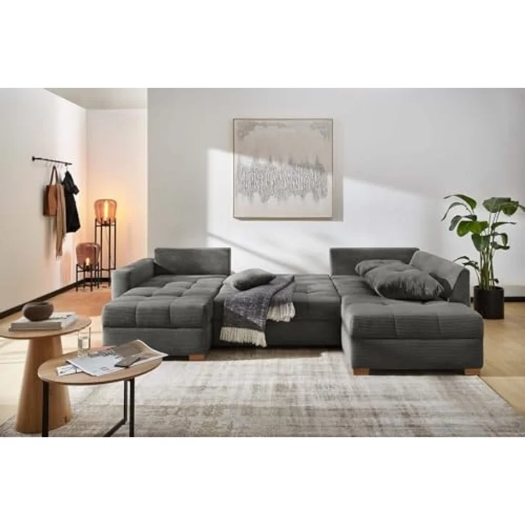 Wohnlandschaft U-Sofa groß Schlaffunktion Couch Bettkasten Cord Dunkelgrau – Bild 5