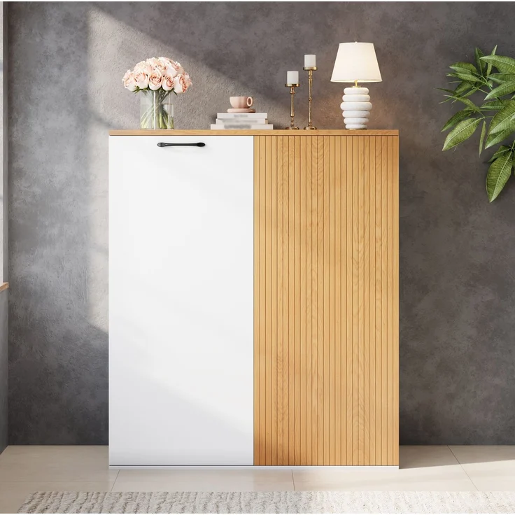 Aktenschrank aus MDF mit Lamellenfront & Soft-Close, 80x40x110 cm, Weiß/Eiche – Bild 4