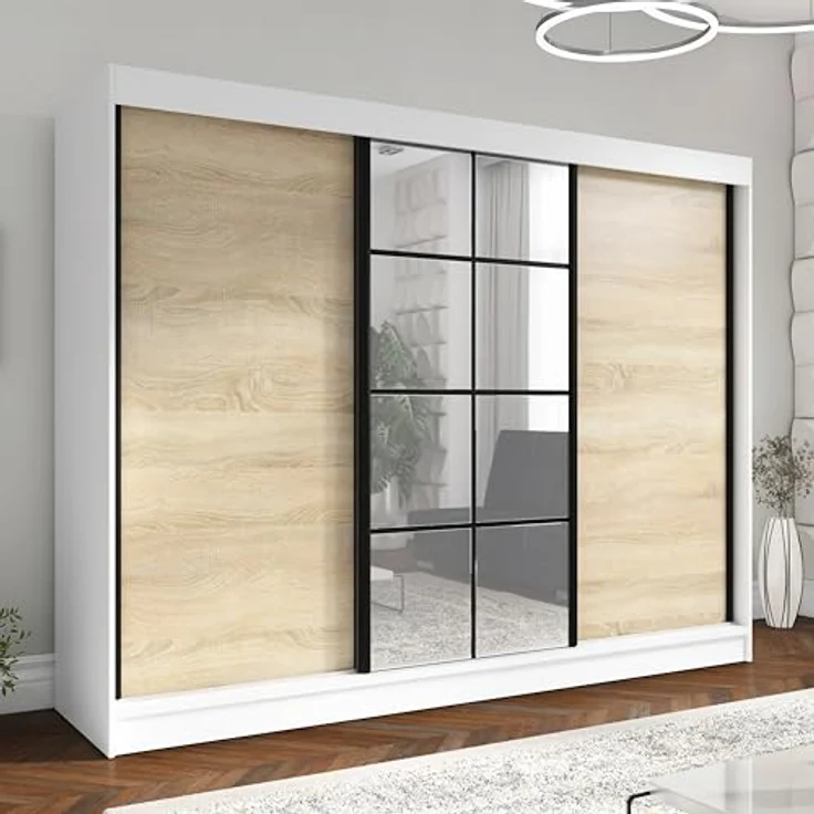 A&J MöbelLand GmbH Schwebetürenschrank ORAVELLE 3-türiger Kleiderschrank mit Spiegel, 4 Schubladen (Kostenlose Lieferung – nur für kurze Zeit! TOP ANGEBOT! Geräumiger Schrank mit einer Breite von 200 cm und Spiegel, ideal zur Aufbewahrung von Kleidung ... – Bild 3