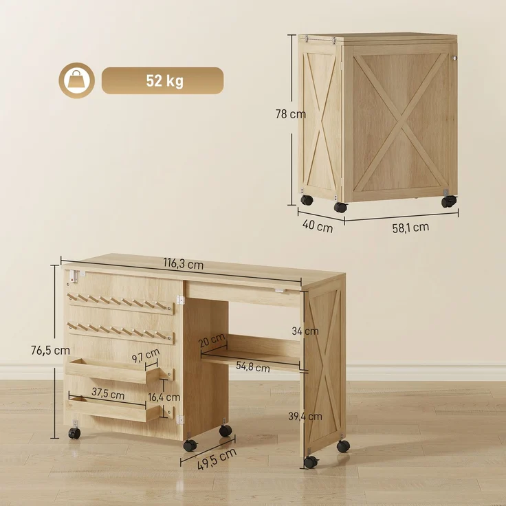 Rayofly-klappbarer Nähtisch Nähwagen mit magnetischer Schiebetür, 2 Behältern, Ablage und 18 Haken, Naturholz, H 76,5cm x T 116,3cm x B 49,5cm – Bild 5