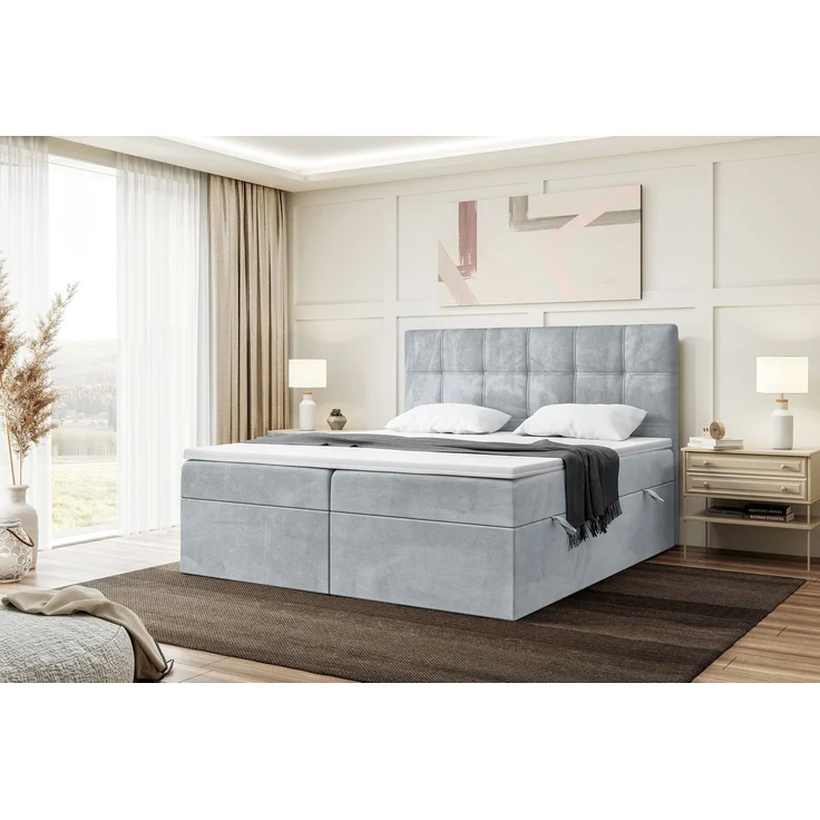 MEBLINI Boxspringbett KAI 200x200cm - H3/Hellgrau Samt - mit Bettkasten - Gepolstert Doppelbett mit Matratze und Topper - Polsterbett mit Stauraum - Bett mit Kopfteil – Bild 1