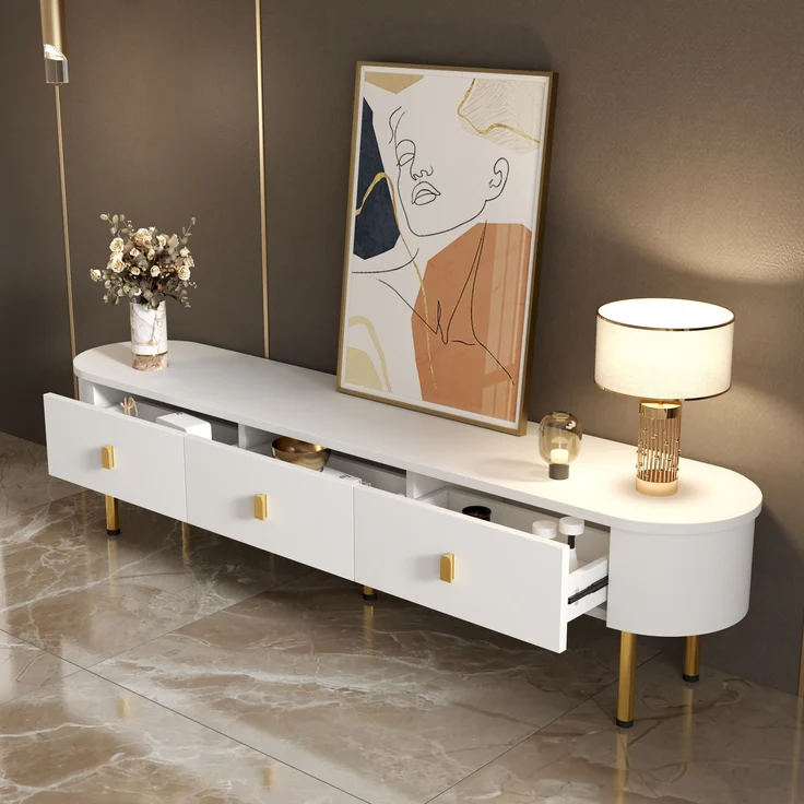 Moderner TV-Schrank 174 cm mit goldenen Griffen, geschwungenen Kanten und hochwertiger Lackoberfläche in Weiß, 174 x 35 x 41 cm – Bild 5