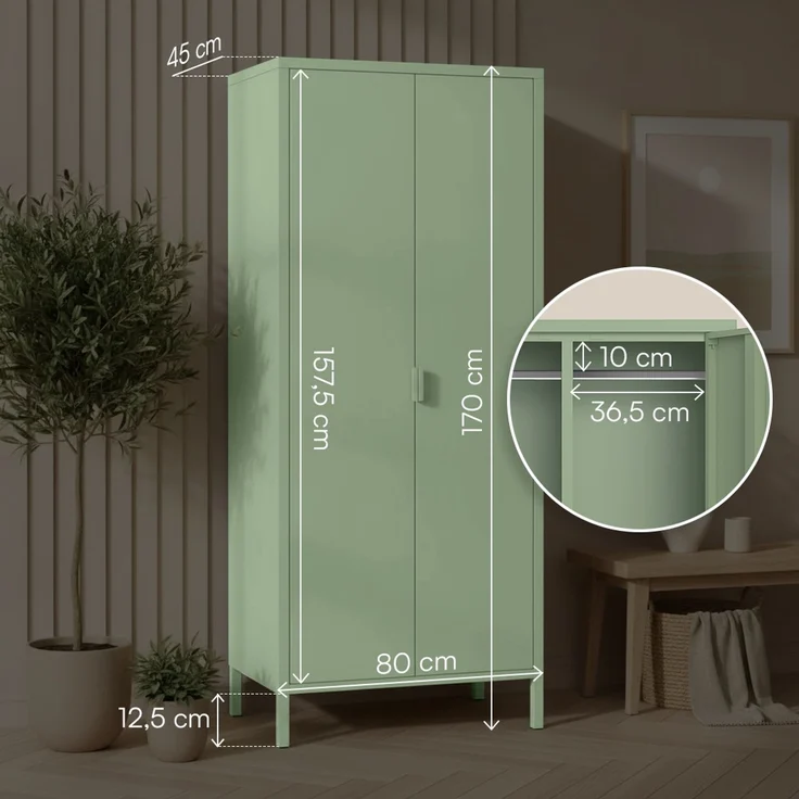 skølm 'Ituri' Kleiderschrank, Metall, 170x45x80 cm, mintgrün, Garderobe mit 4 Fächern und 2 Kleiderstangen – Bild 6