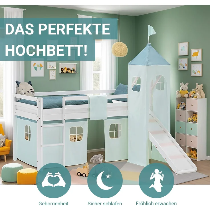 Hochbett Kinder 90x200 cm mit Rutsche Kinderbett Kinderhochbett Stockbett Vorhang Turm Grün Mintgrün – Bild 4