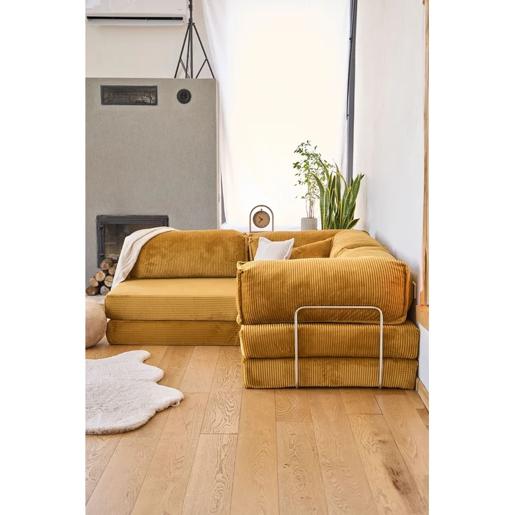 Ecksofa mit Schlaffunktion, 300 cm, Senfgelb | 100% Gerippter Plüschstoff, Abnehmbarer Bezug, 4 Kissen inklusive | Pfotenfreundlich & Stilvoll – Bild 9
