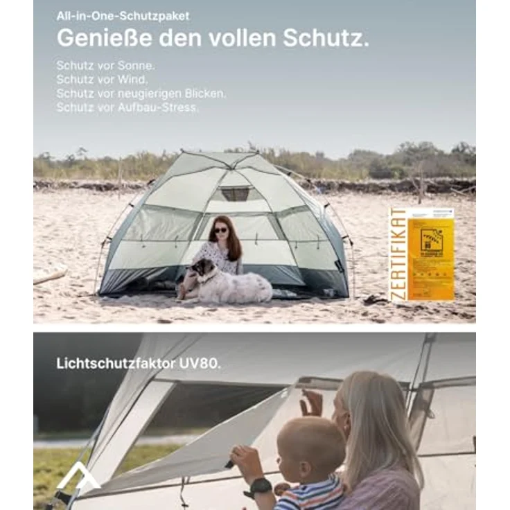qeedo Quick Bay Pro Große Strandmuschel mit UV-Schutz (UV80) für 3 Personen inkl. Sandheringe und Roll-in-Bag Sonnenschutz - Sandgrey – Bild 2