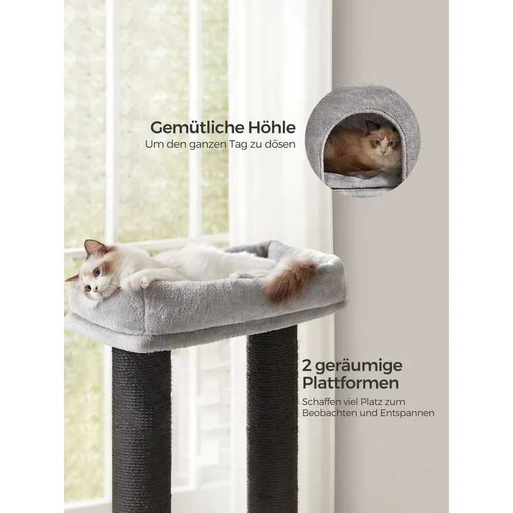 FEANDREA Kratzbaum, mit selbstwärmenden Decken, Katzenbaum, 2 Katzenbürsten, große Plattformen, grau-schwarz – Bild 4