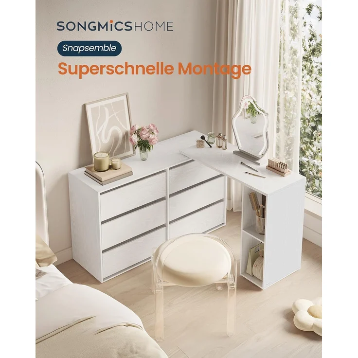 SONGMICS HOME Kommode, Schrank, Schminktisch mit Regal, Schnelle werkzeuglose Montage, nebeneinander oder L-förmig, für Schlafzimmer, Arbeitszimmer, Toolless-Technologie,schneeweiß – Bild 2
