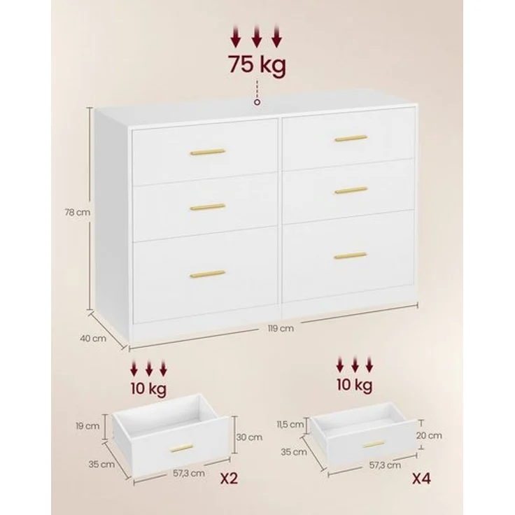 VASAGLE Kommode mit 6 Schubladen, Aufbewahrungsschrank, für Schlafzimmer, Wohnzimmer, 40 x 119 x 78 cm, weiß – Bild 5