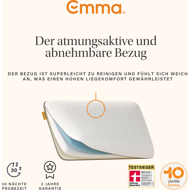 Emma 'Classic' Nackenstützkissen, Stiftung Warentest, 80x40 cm, Höhe 12 cm, 98 % Polyester / 2 % Elasthan weiß – Bild 7
