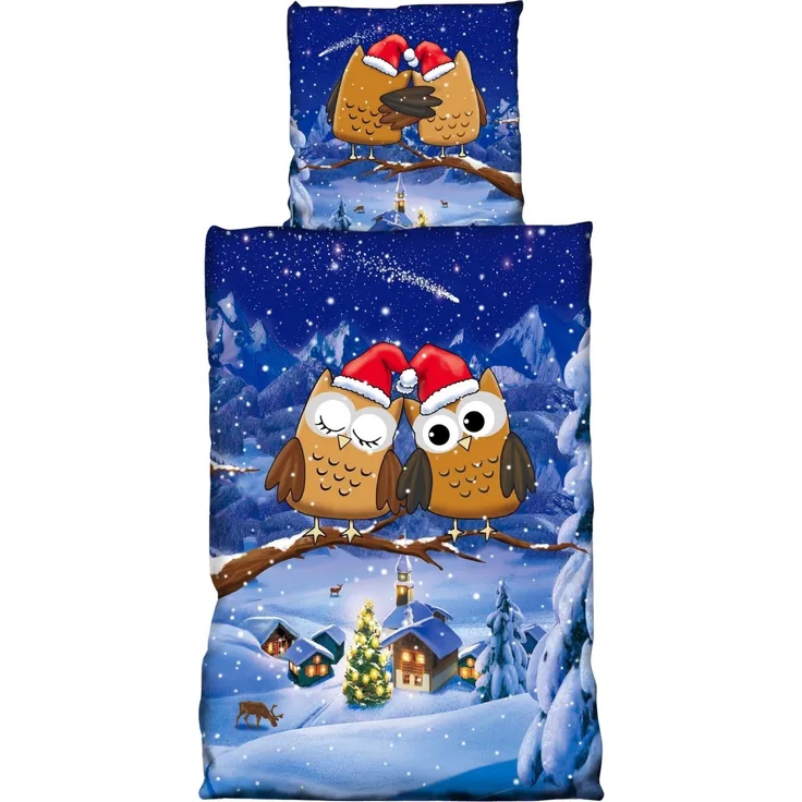 Fleece Bettwäsche Weihnachtsmotiv mit Eulen 135x200 cm Deckenbezug, 80x80 cm Kissenbezug