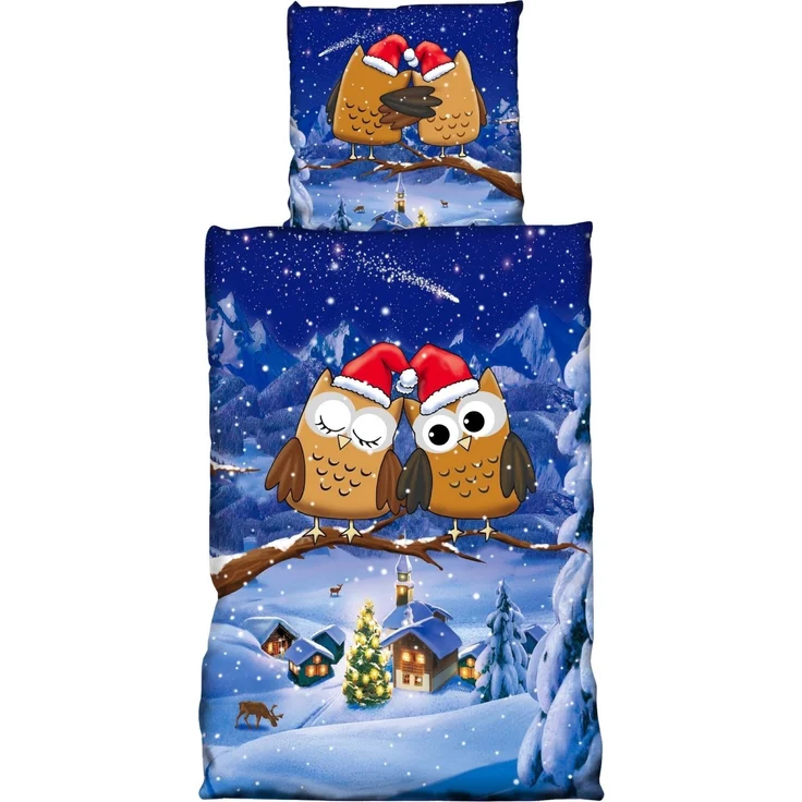 Fleece Bettwäsche Weihnachtsmotiv mit Eulen 135x200 cm Deckenbezug, 80x80 cm Kissenbezug – Bild 1