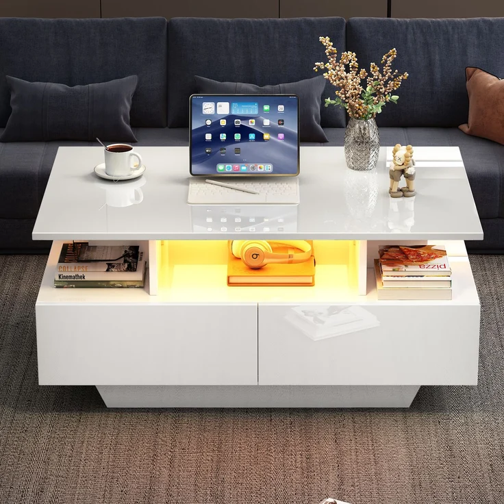 Couchtisch 90×55×41 cm Hochglanz Weiß mit LED-Beleuchtung, moderner Wohnzimmertisch mit 2 Schubladen, offenem Fach – Bild 5