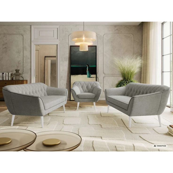 Wohnzimmerset, Möbelset PIRS 3-3-1, Armlehnen, Wellenfederung, weiße Füße, Dreisitzer Sofas mit Sessel, Polstermöbel Set - Grau Stukture – Bild 4