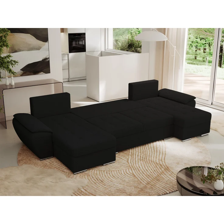 U-förmiges Ecksofa mit Schlaffunktion, genähter Sitz, zwei Armlehnen und losen Kissen - UMBRIA U - Schwarz Boucle – Bild 3