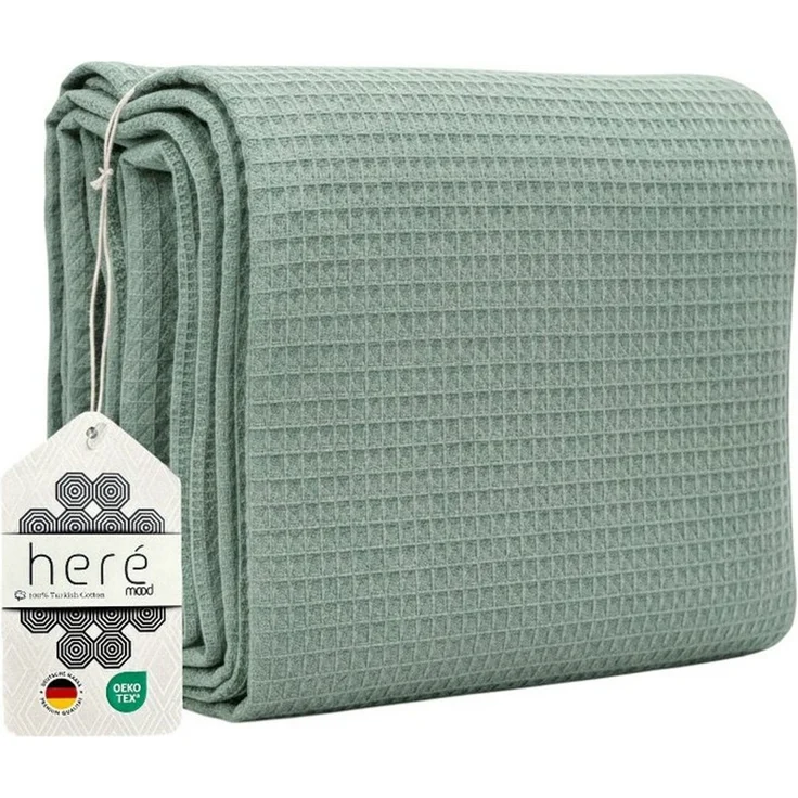 herémood Tagesdecke aus 100% Baumwolle – Elegante Waffelpique Wohndecke 180x220 cm, weiche, Kuscheldecke für Sofa & Bett, atmungsaktiv & pflegeleicht – Mintgrün – Bild 5