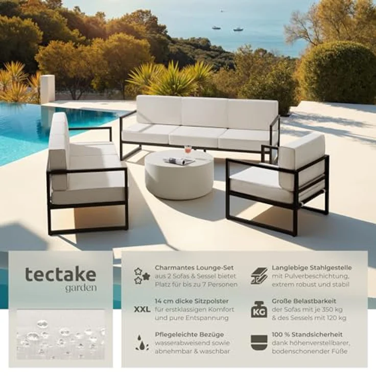 tectake® Gartenlounge Outdoor, 2X Sofa 3 Sitzer 1x Gartensessel, Relaxsessel Garten, Gartenbank, Gartenmöbel, Balkonmöbel, Terrassenmöbel, Wintergarten, Sitzecke Outdoor, Gartenlounge - 7 Sitzplätze – Bild 5