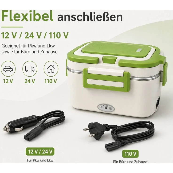 Luckice Elektrische Lunchbox 1,8 L, 80 W, 12 V/24 V/240 V, 304-Edelstahlbehälter,Warmhaltefunktion, (auslaufsicher, Besteckfach, inkl. Löffel, Gabel & 2 Stromkabel, für Auto, LKW, Büro und Zuhause, Tragegriff), tragbare elektrische Dose – Bild 4