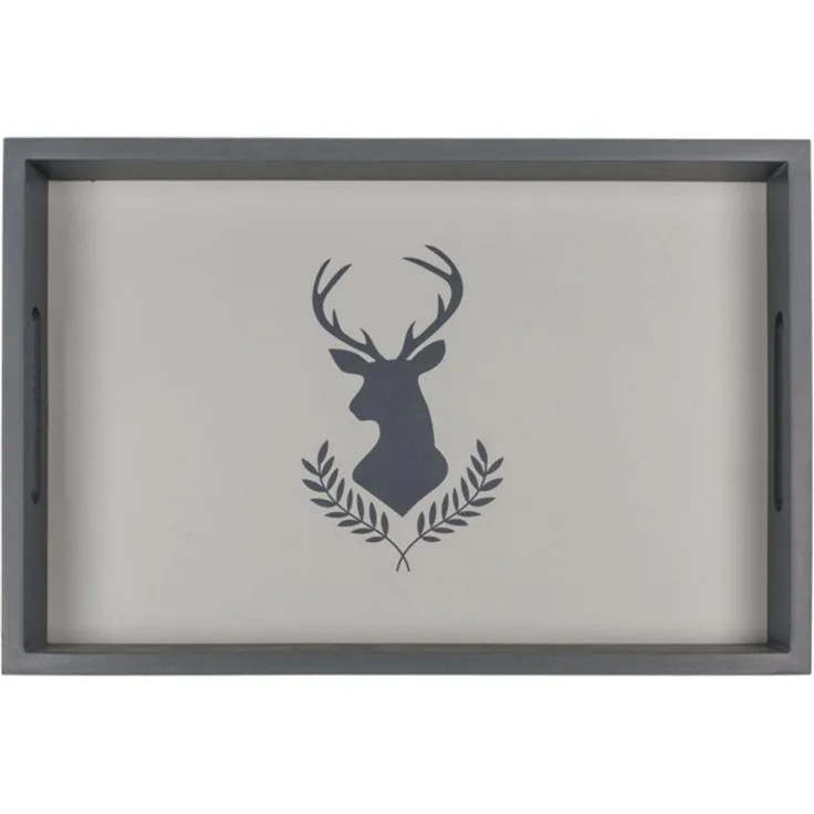 Tablett aus Holz Serviertablett für Geschirr & Deko Grau mit Hirschmotiv Hirsch ca. 35 x 24 cm