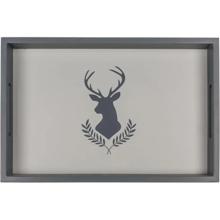 Tablett aus Holz Serviertablett für Geschirr & Deko Grau mit Hirschmotiv Hirsch ca. 35 x 24 cm