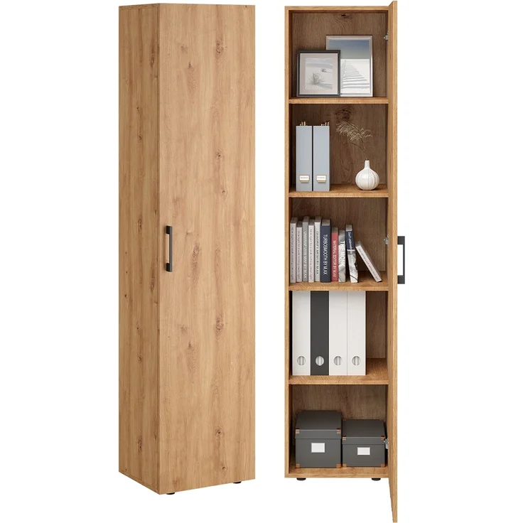 Bellamio 'Apol' Mehrzweckschrank schmal, Eichenoptik, 176x33x40 cm, Aktenschrank mit 5 Ablagefächern, Tür beidseitig montierbar – Bild 1
