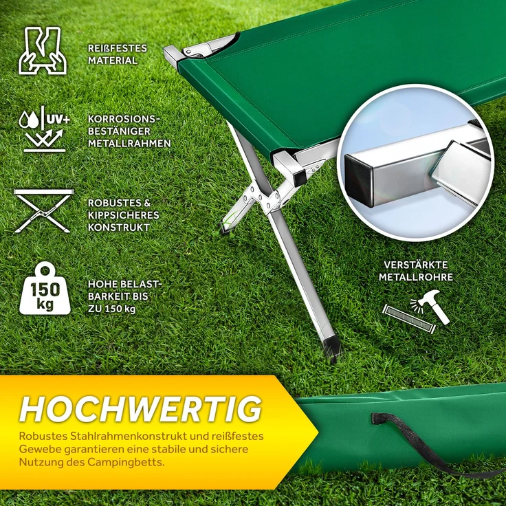 TRESKO XXL Campingbett Feldbett 190 x 64 x 44 cm Metallrohr - Belastbarkeit bis 150kg Grün – Bild 3