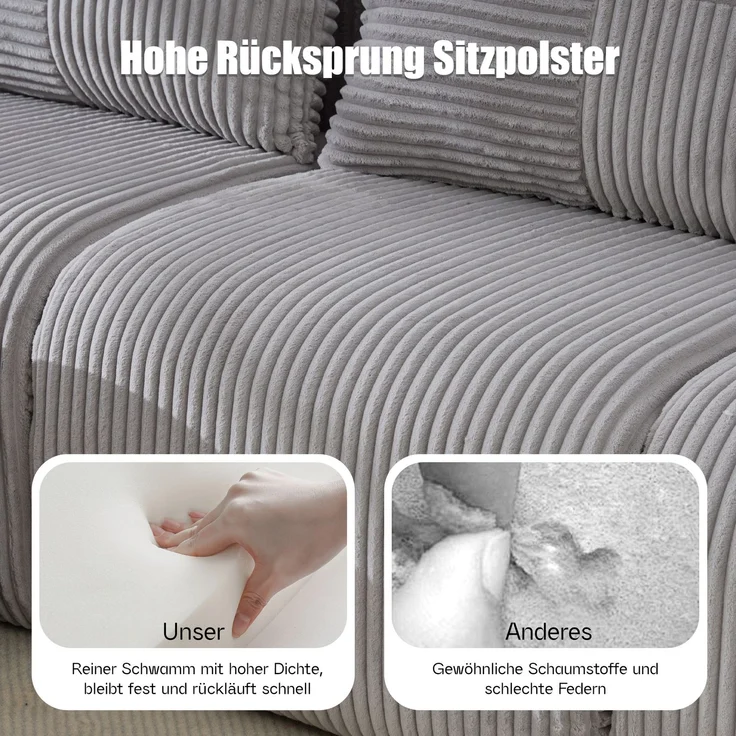 EINHOM Modulares Cordsofa für 3 Personen (mit Hockern), frei kombinierbar, inklusive Getränkehalter und seitlicher Aufbewahrungstasche, ideal für Wohnzimmer, Familienzimmer und weitere Räume. Hellgrau – Bild 7