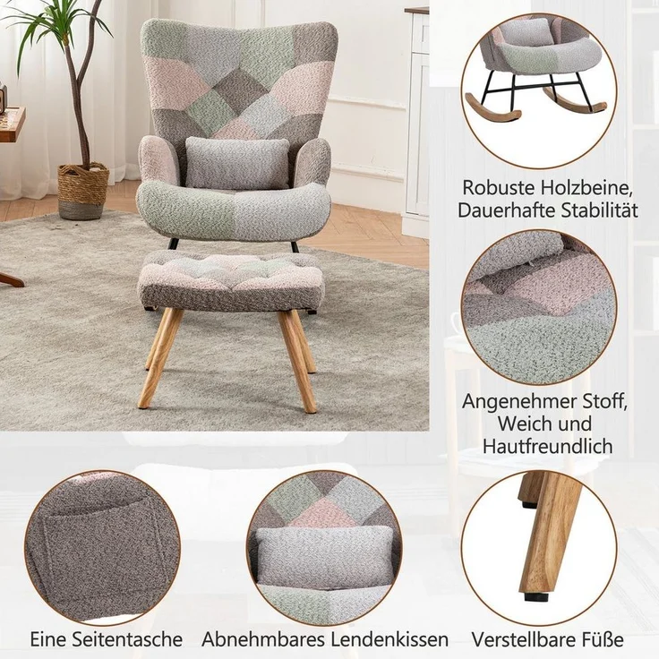 STILVORA Schaukelstuhl Schaukelsessel mit fußstütze,Loungesessel Relaxsessel wohnzimmer (Loungesessel, 2 St), inklusive Fußstütze (49*38*37 cm) und Lendenkissen – Bild 2