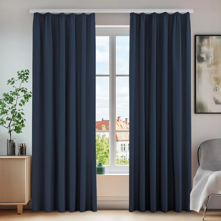 Deconovo Verdunklungsgardine mit Kräuselband Sichtschutz Vorhang Dunkelblau | 2er Set, H 138 x B 140 cm, Thermovorhang, Sichtschutz, für Wohnzimmer, Wärmeisolierende Vorhänge, Wärmehaltung, Wohnzimmer