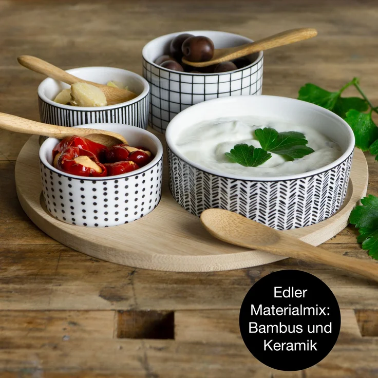 Moritz & Moritz Servierset Parsley - Bambus Brettchen rund mit 4 gemusterten Schalen rund – Bild 6