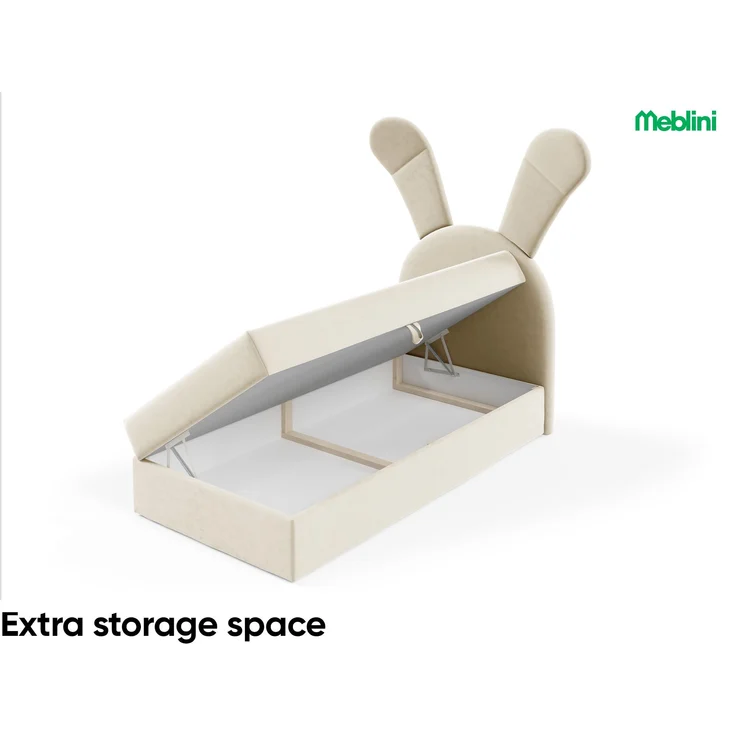 MEBLINI Kinderbett mit Bettkasten KANINCHEN 100x200 Rechts – H3/Beige Samt Gepolstert Einzelbett mit Matratze - Polsterbett mit Stauraum - Bett mit Kopfteil – Stauraumbett