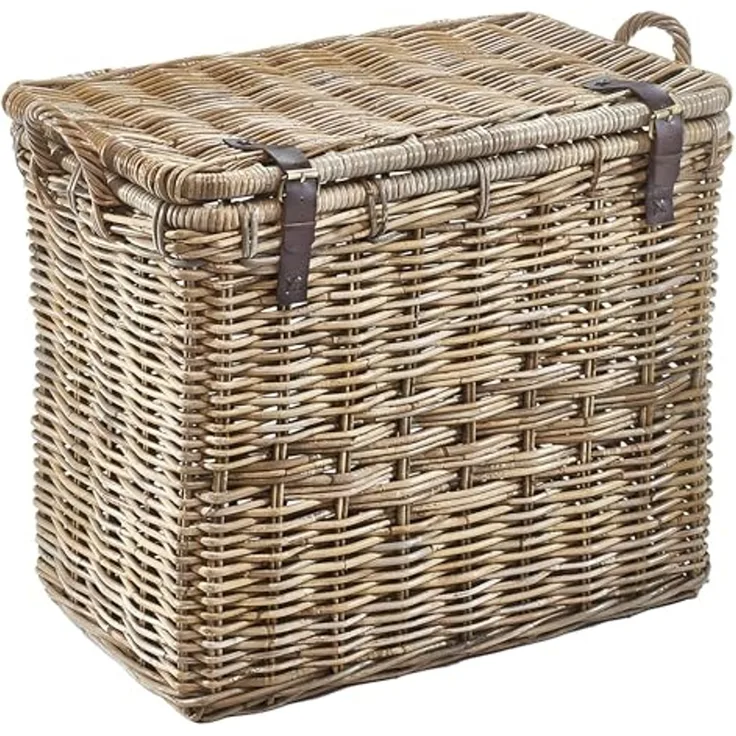 Kobolo Aufbewahrungskorb Universalkorb aus Rattan mit Deckel, Griffen und Lederriemen (Einzelstück, 1 St, 1 Stück), Ordnungssystem mit viel Stauraum
