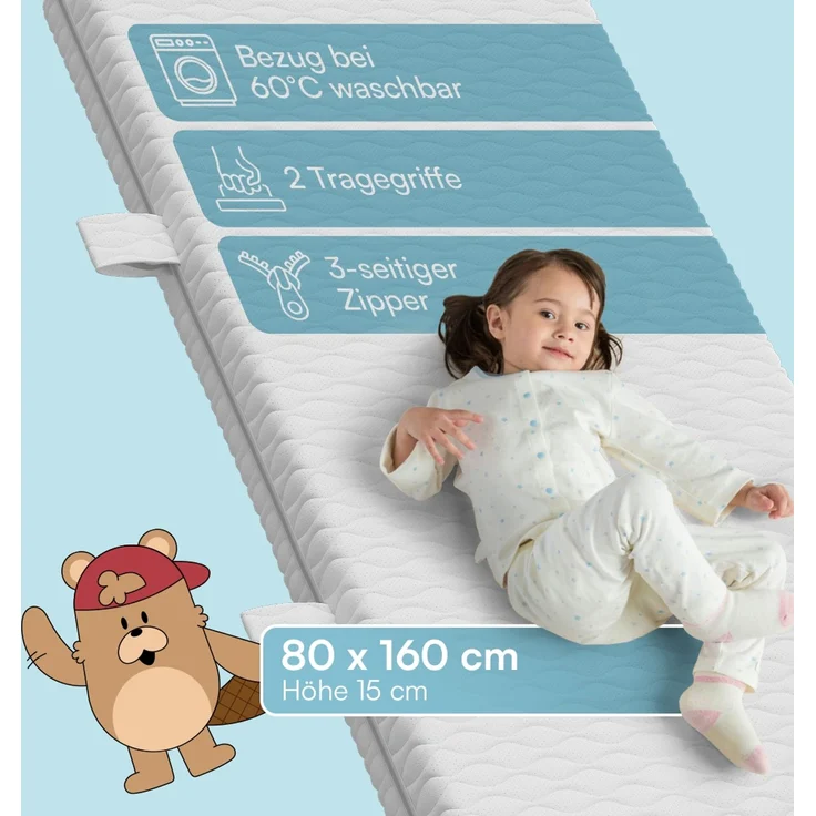 Bellabino 'Bia' Hausbett 80x160 cm mit Matratze, natur, Kiefer Massivholz, Bodenbett in Hausoptik, Montessori Kinderbett mit Rausfallschutz und Lattenrost – Bild 8
