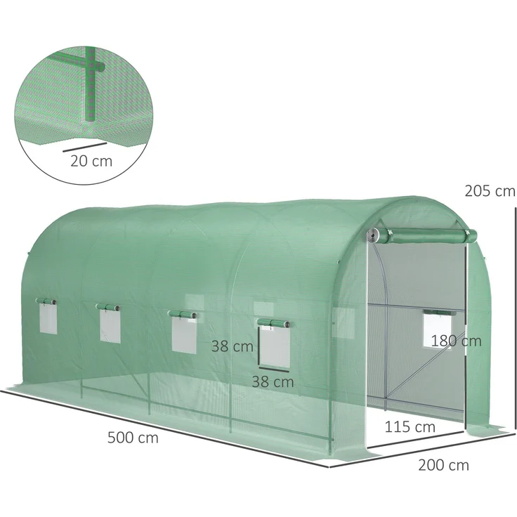 Wohnora-Tunnelgewächshaus, 10 m² Grundfläche, 5 m L x 2 m B x 2,05 m H, verstärkte Rohrkonstruktion, Reißverschlusstür, 8 aufrollbare Fenster, grün,H 2050cm x T 1480cm x B 2000cm – Bild 4