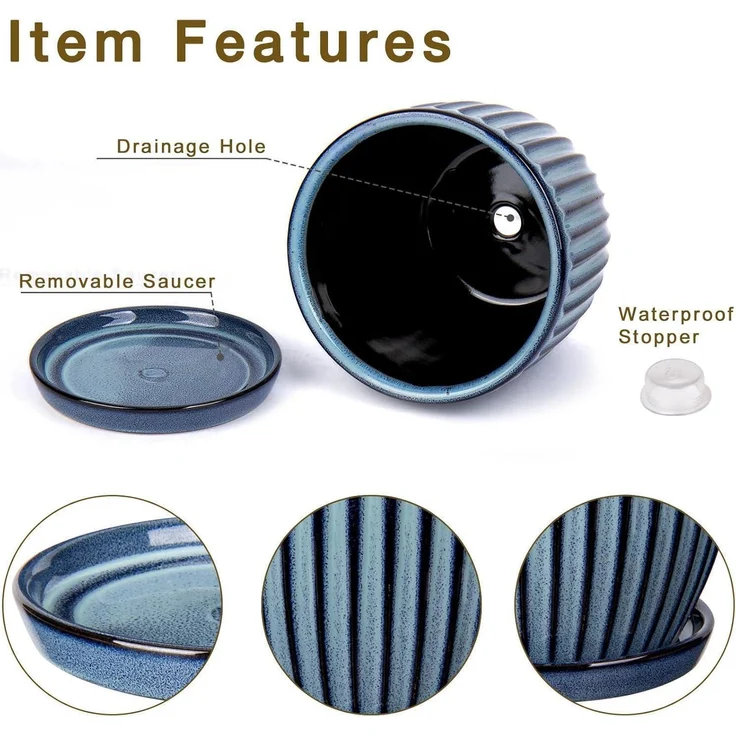 Übertopf 2er Set Keramik Drainageloch Untersetzer 15cm 13cm Blau – Bild 3