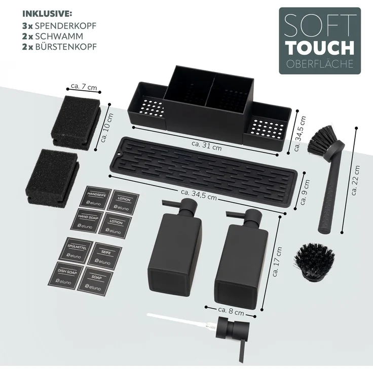 eluno Spülbeckenorganizer mit vielen Extras wie 2 Seifenspendern, aus schwarzem Kunststoff, ca. 34,5 x 24 x 9 cm – Bild 7
