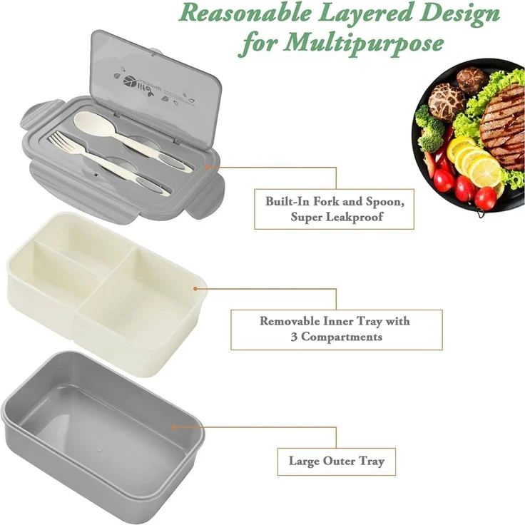Lunchbox Bento Box Brotdose 3 Fächer Besteck Auslaufsicher Grau – Bild 3