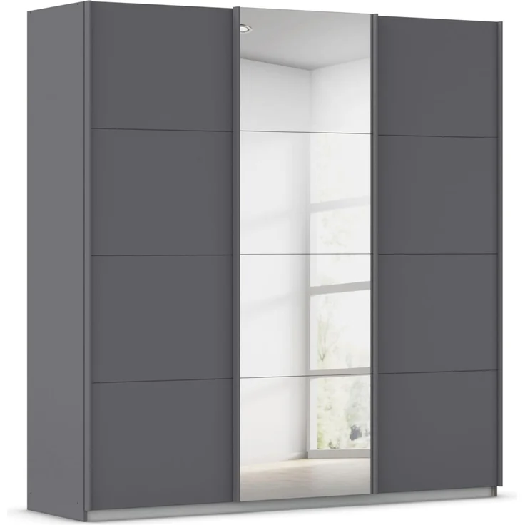Rauch Möbel Kulmbach, Kleiderschrank mit Schwebetüren für Schlafzimmer, Kinderzimmer, Jugendzimmer, Garderobe, Flur, 3-türig, mit Spiegel, Zubehör Classic, Farbe Grau metallic, Schwarz, Breite 203 cm
